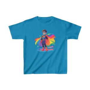 Superhero kid graphic with rainbow cape on heavy cotton tee