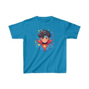 Superhero boy graphic with star emblem and colorful background on heavy cotton tee