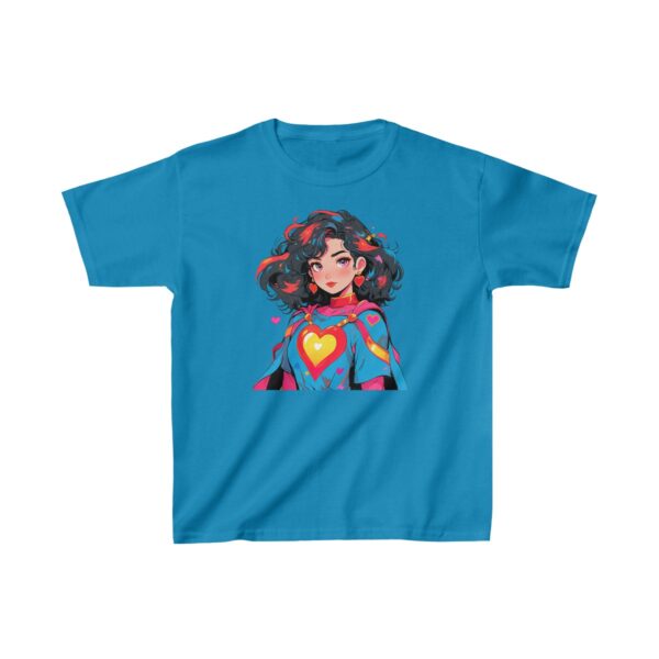 Superheroine graphic with short hair and heart emblem on heavy cotton tee