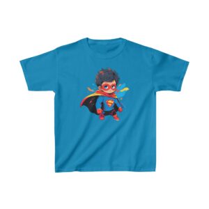 Superhero kid graphic with mask and cape on heavy cotton tee