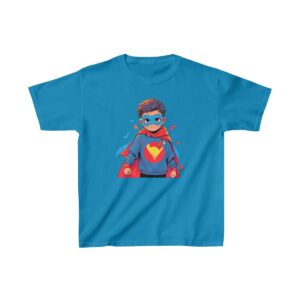 Superhero kid graphic with heart emblem on heavy cotton tee