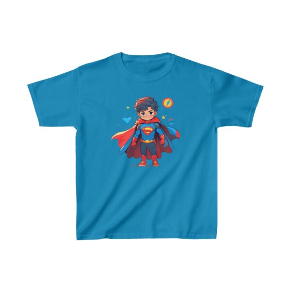 Kids Heavy Cotton Tee with a superhero boy design, featuring cape and symbols of power