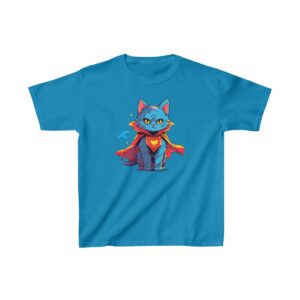 Kids Heavy Cotton Tee with a cartoon superhero cat wearing a red cape and a heart emblem