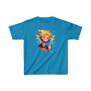 Kids Heavy Cotton Tee with a cartoon superhero boy wielding lightning powers