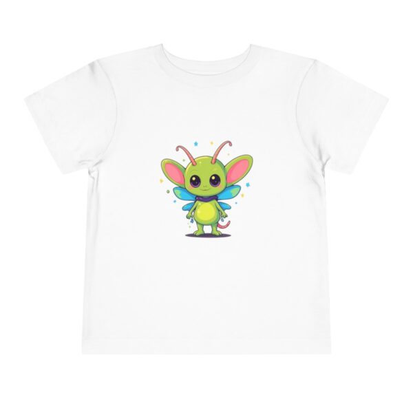 White toddler short sleeve tee with a cute green alien character design