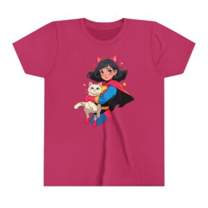 Superhero girl illustration on youth short sleeve tee with a cat in her arms and a heroic outfit