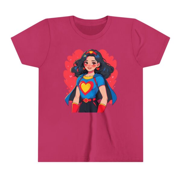 Superhero girl illustration on youth short sleeve tee with a heart emblem, red gloves, and blue cape