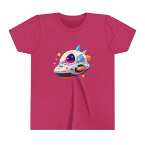 Colorful spaceship illustration on youth short sleeve tee with stars and playful design