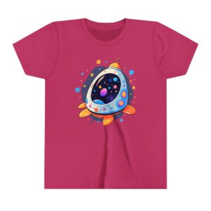 Colorful spaceship illustration on youth short sleeve tee with starry background