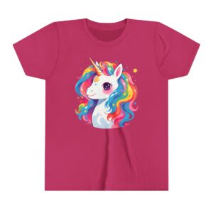 Unicorn illustration on youth short sleeve tee with a colorful rainbow mane and magical sparkles