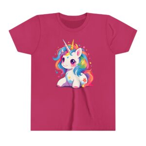 Cute unicorn illustration on youth short sleeve tee with rainbow mane and sparkles