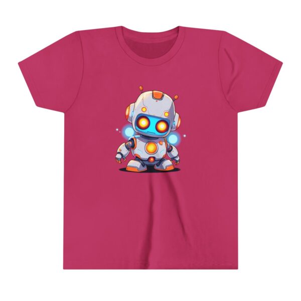 Cute robot illustration on youth short sleeve tee with glowing eyes and futuristic design