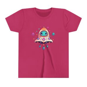 Alien character illustration on youth short sleeve tee with a cute spaceship