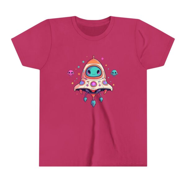 Alien character illustration on youth short sleeve tee with a cute spaceship