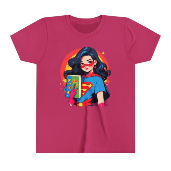 Superhero girl illustration on youth short sleeve tee with red glasses and superhero book