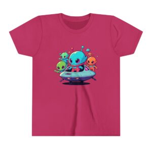 Alien characters illustration on youth short sleeve tee with spaceship