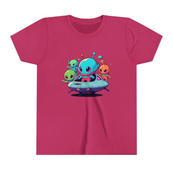 Alien characters illustration on youth short sleeve tee with spaceship