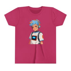 Cyborg character illustration on youth short sleeve tee with futuristic tech gear