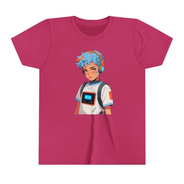 Cyborg character illustration on youth short sleeve tee with futuristic tech gear