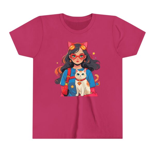 Superhero girl illustration on youth short sleeve tee with red glasses, a cat companion, and a heroic outfit