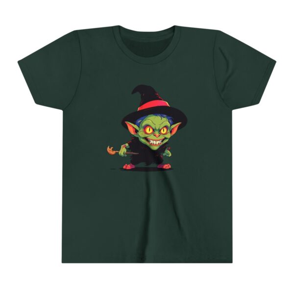 Goblin character illustration on youth short sleeve tee with a black hat and red accents