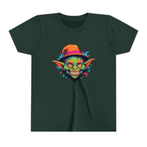 Goblin character illustration on youth short sleeve tee with orange hat and glowing eyes