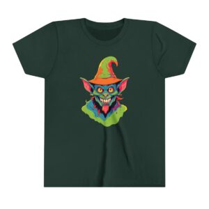 Goblin character illustration on youth short sleeve tee with pointed hat and eerie grin