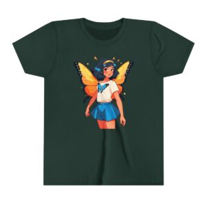 Superheroine girl illustration on youth short sleeve tee with butterfly wings and a school uniform