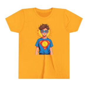 Superhero boy illustration on youth short sleeve tee with blue mask, sun emblem, and yellow background