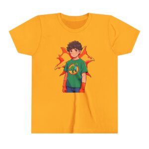 Superhero boy illustration on youth short sleeve tee with a green shirt, red gloves, and a dragon-themed design