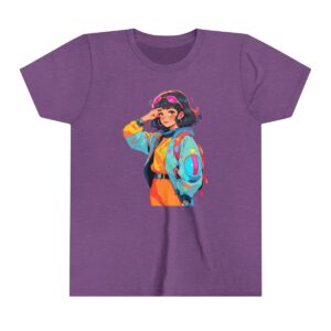 Time traveler character illustration on youth short sleeve tee with futuristic outfit