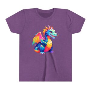 Playful dragon illustration on youth short sleeve tee with colorful wings and bright scales