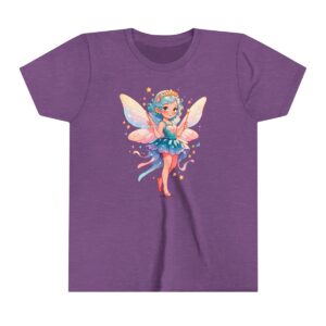 Fairy character illustration on youth short sleeve tee with pastel wings and magical sparkles