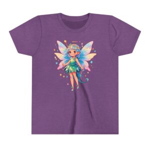 Fairy character illustration on youth short sleeve tee with colorful wings and magical sparkles