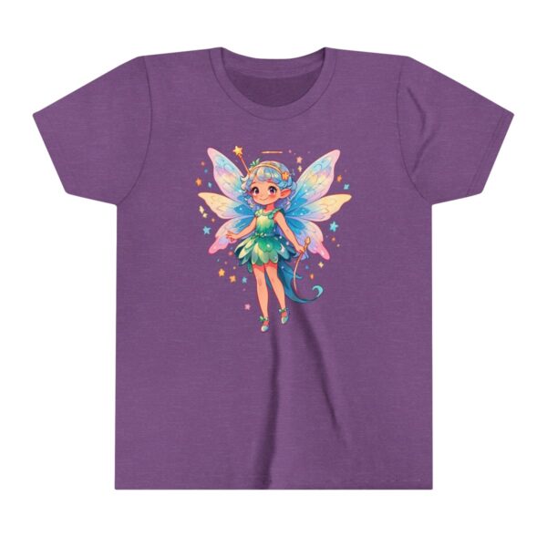 Fairy character illustration on youth short sleeve tee with colorful wings and magical sparkles