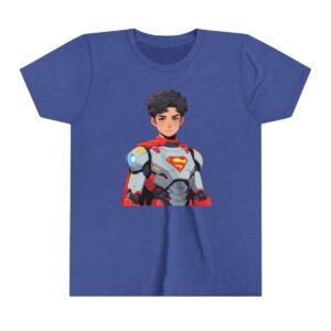 Superhero boy illustration on youth short sleeve tee wearing armor and a cape