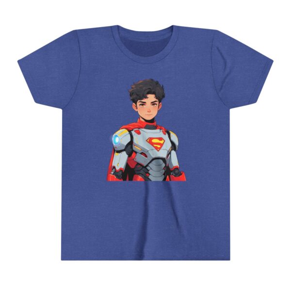 Superhero boy illustration on youth short sleeve tee wearing armor and a cape