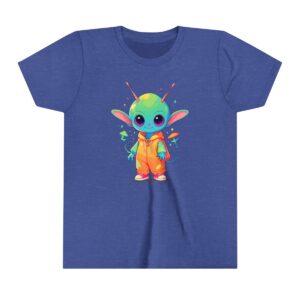 Cute alien character illustration on youth short sleeve tee with bright colors and antennae