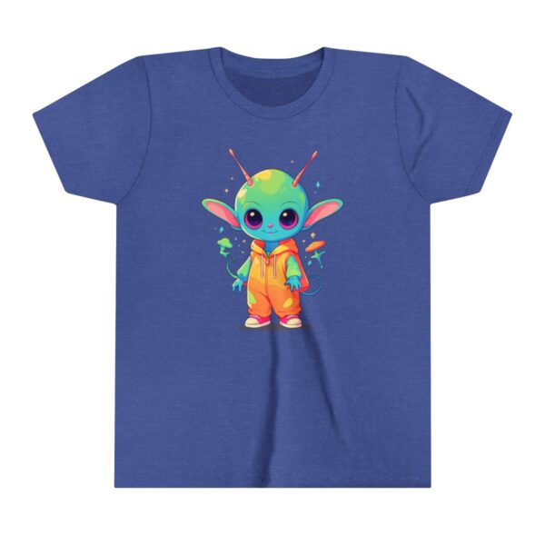 Cute alien character illustration on youth short sleeve tee with bright colors and antennae