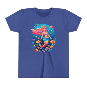 Colorful mermaid illustration on youth short sleeve tee with vibrant underwater scene and fish