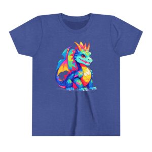 Colorful dragon illustration on youth short sleeve tee with vibrant scales and wings