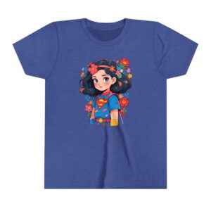 Superhero girl illustration on youth short sleeve tee with floral accents and a blue outfit