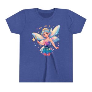 Fairy character illustration on youth short sleeve tee with glowing wings and a magic wand