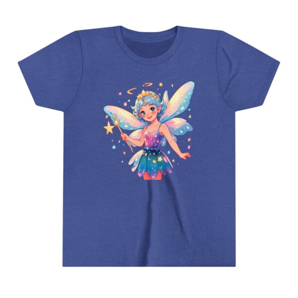 Fairy character illustration on youth short sleeve tee with glowing wings and a magic wand