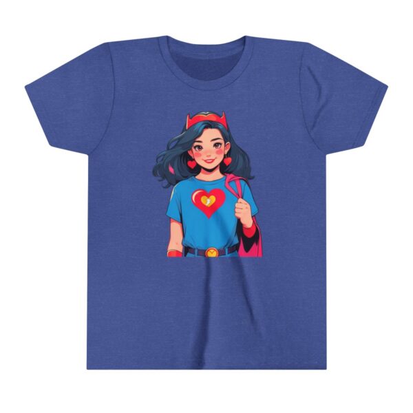 Superhero girl illustration on youth short sleeve tee with a red cape and heart emblem