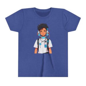 Cyborg character illustration on youth short sleeve tee with futuristic headset and tech accessories