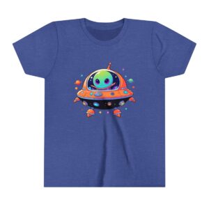 Alien character illustration on youth short sleeve tee in a colorful spaceship