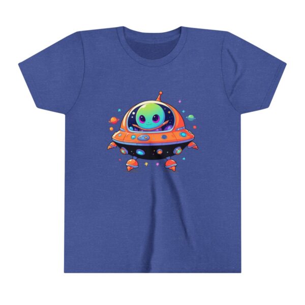 Alien character illustration on youth short sleeve tee in a colorful spaceship