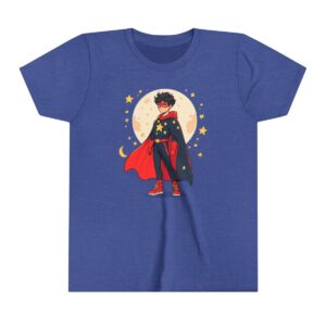 Superhero boy illustration on youth short sleeve tee with red cape and starry moonlit background