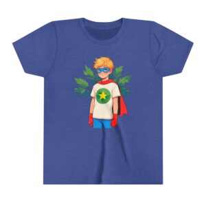 Superhero boy illustration on youth short sleeve tee with blue mask, red cape, and star emblem